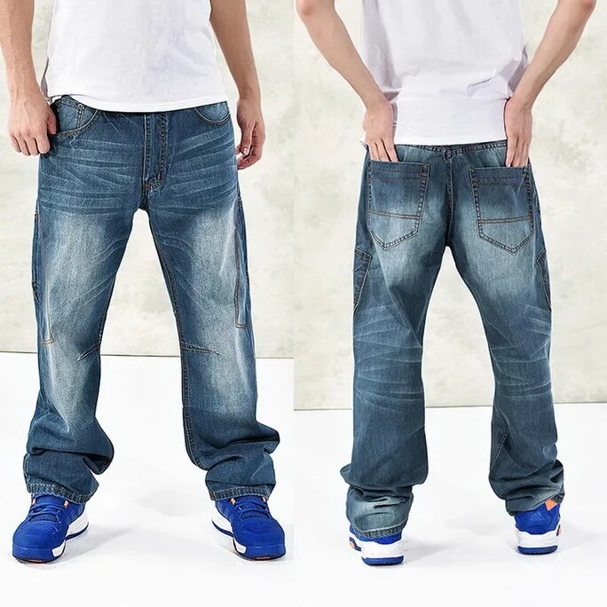 HOT New Large Size 30-44 46 Jeans Fashion Loose Big Pockets Hip-Hop Skateboard Casual Men Denim Blue & Black Design Brand