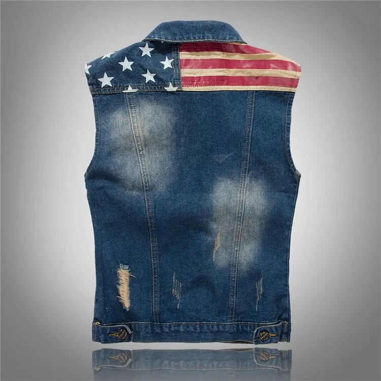 Brand Mens Denim Vest Men Cowboy Ripped Sleeveless Vintage Jacket Tank Spring USA Flag washed Jeans Vest Plus Size 5XL