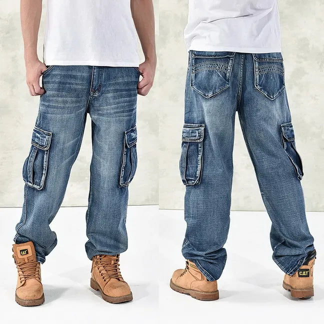 HOT New Large Size 30-44 46 Jeans Fashion Loose Big Pockets Hip-Hop Skateboard Casual Men Denim Blue & Black Design Brand
