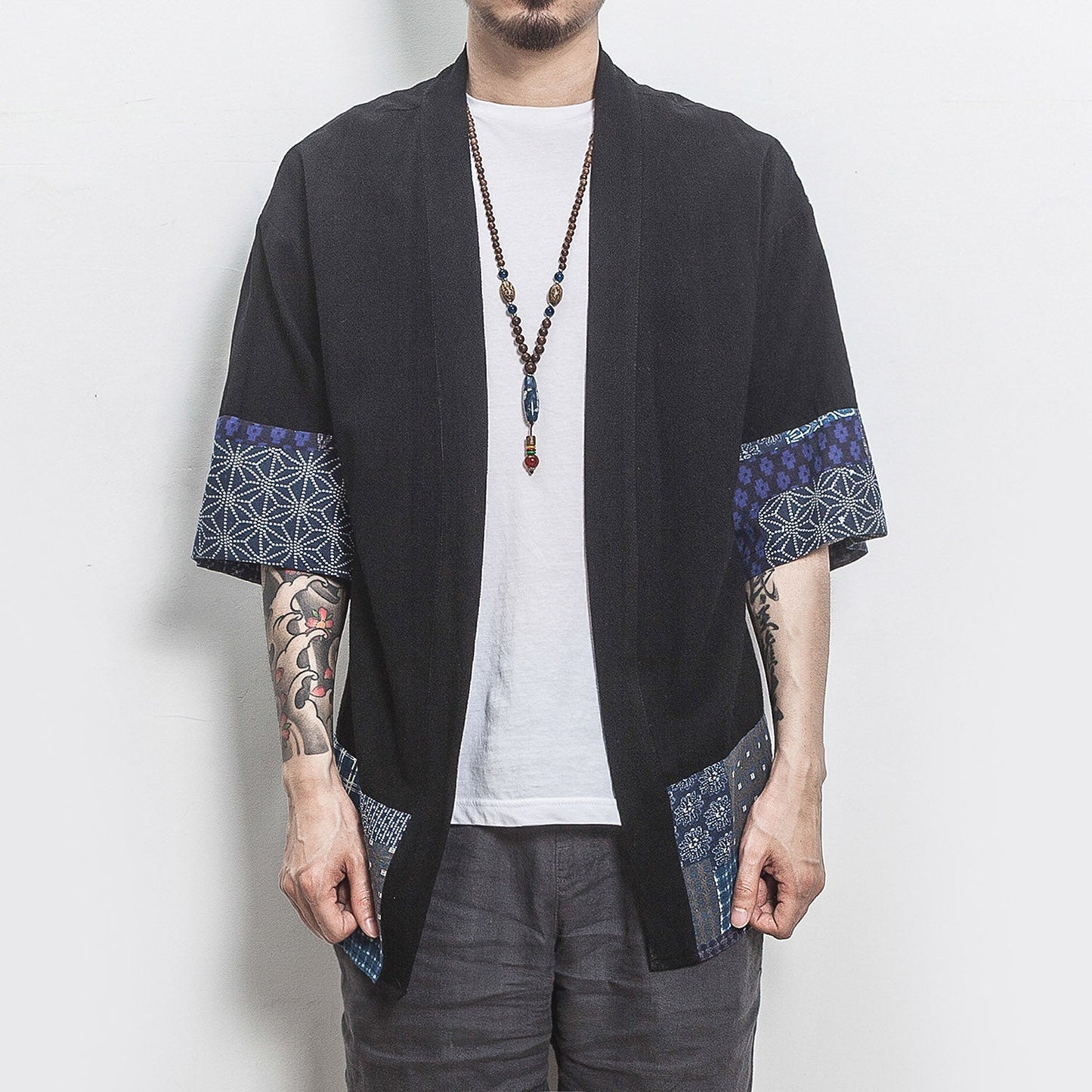 Men Color Block Kimono Black Shirts Mens Fashions Casual Summer Shirts Male Designer Vintage Shirt Plus Size
