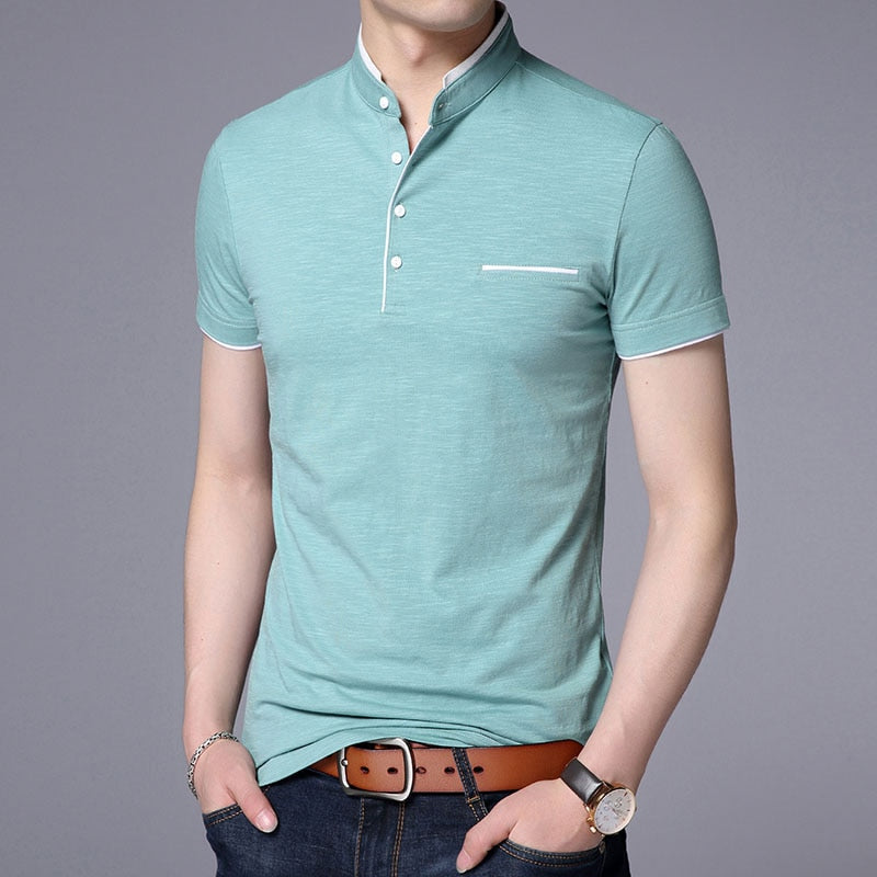 Fashion Brand Polo Shirt Men's Summer Mandarin Collar Slim Fit Solid Color Button Breathable Polos Casual Men Clothing