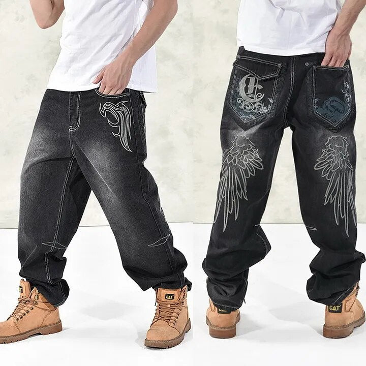 HOT New Large Size 30-44 46 Jeans Fashion Loose Big Pockets Hip-Hop Skateboard Casual Men Denim Blue & Black Design Brand
