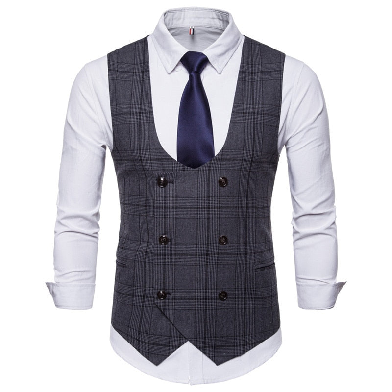 saferido       New Brand Men's Business Casual Vest High Quality Men's Clothing Men's Casual Plaid High Quality Double Breasted Vest