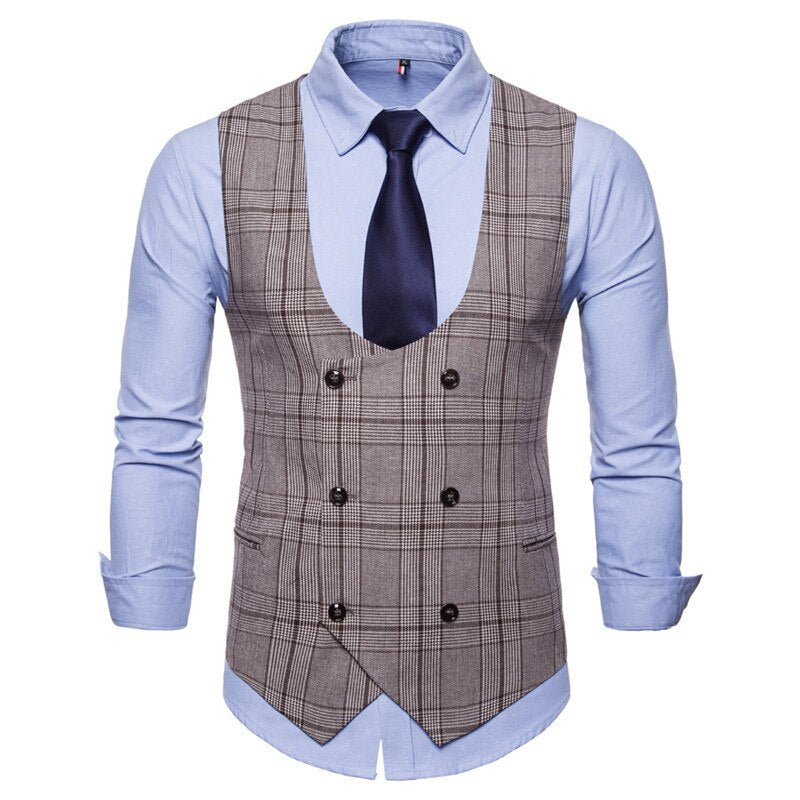 saferido       New Brand Men's Business Casual Vest High Quality Men's Clothing Men's Casual Plaid High Quality Double Breasted Vest