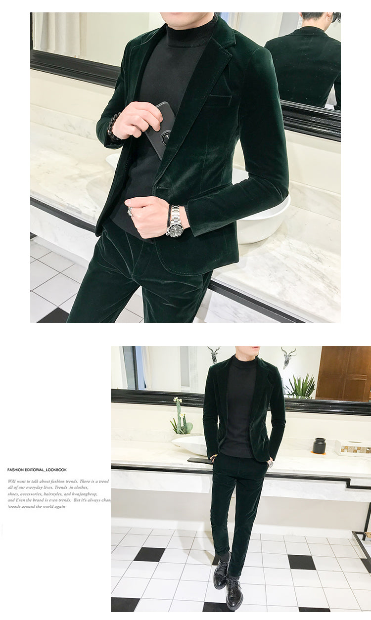 Elegant Wine Red Suits Mens Velvet Luxury Suits For Mens Groom Wedding Velour Suits Gentlemen Dress 2 pcs Flannel Green Burgundy