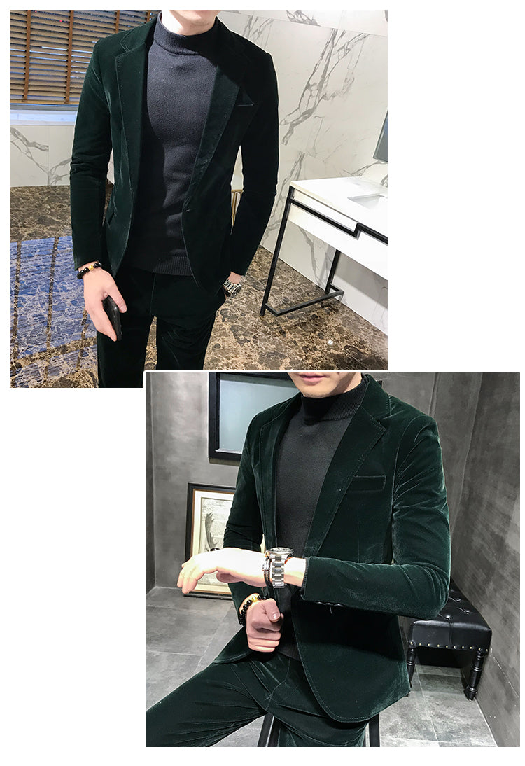 Elegant Wine Red Suits Mens Velvet Luxury Suits For Mens Groom Wedding Velour Suits Gentlemen Dress 2 pcs Flannel Green Burgundy