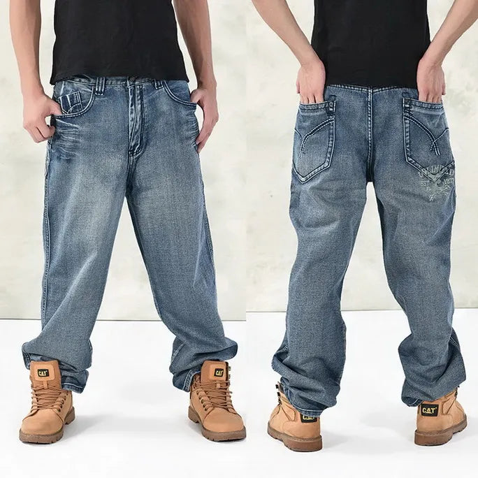 HOT New Large Size 30-44 46 Jeans Fashion Loose Big Pockets Hip-Hop Skateboard Casual Men Denim Blue & Black Design Brand
