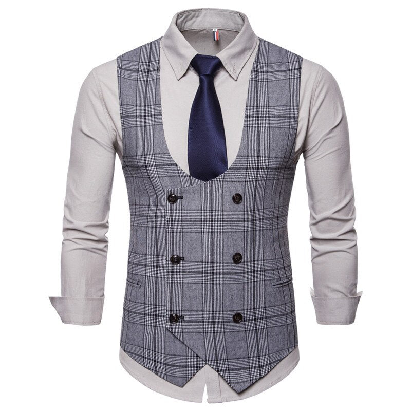 saferido       New Brand Men's Business Casual Vest High Quality Men's Clothing Men's Casual Plaid High Quality Double Breasted Vest