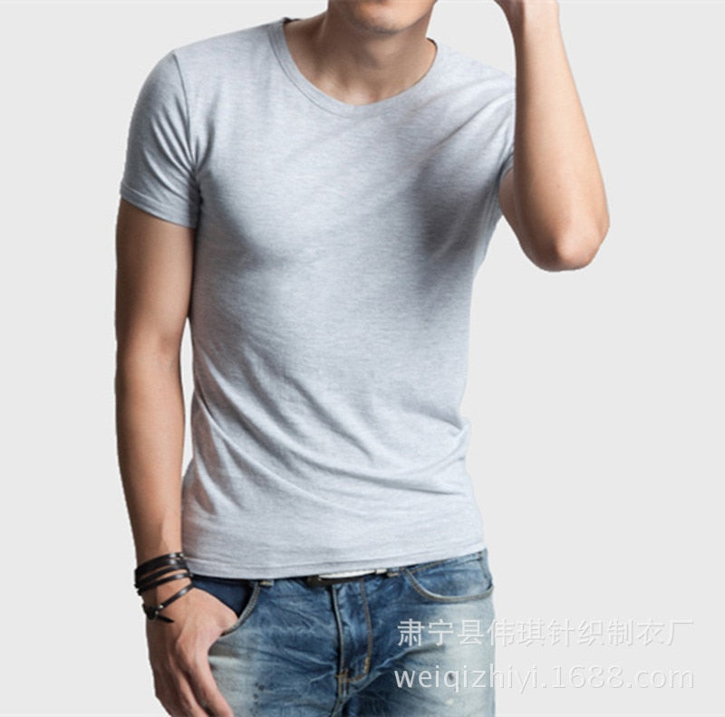 Brand New Men's T Shirt Pure Color Lycra Cotton Short Sleeved T-Shirt Male Round Neck Tops Cotton Bottoming Shirt