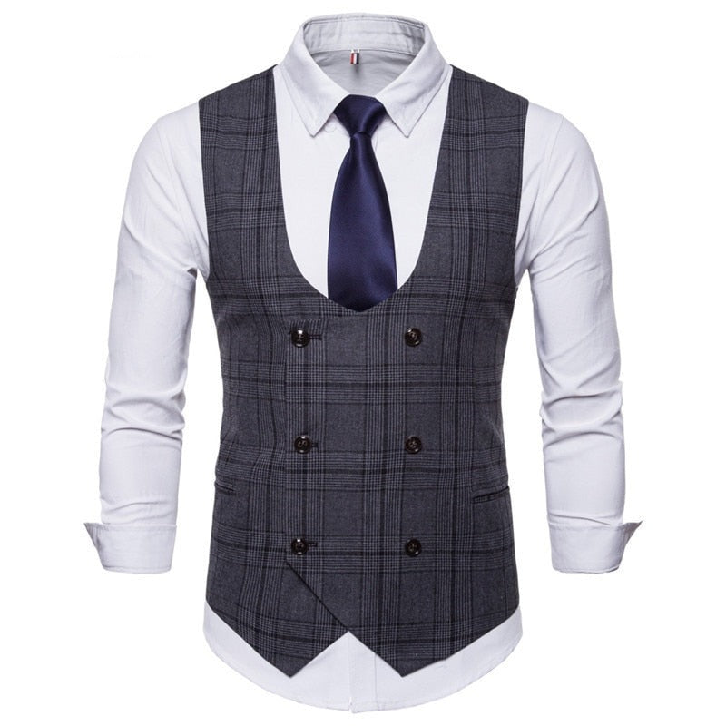 saferido       New Brand Men's Business Casual Vest High Quality Men's Clothing Men's Casual Plaid High Quality Double Breasted Vest