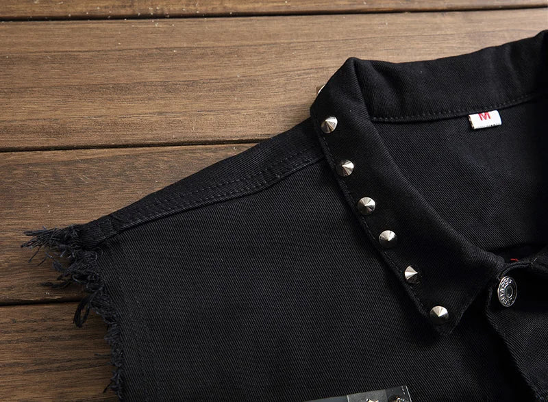 Fashion Mens Rivet Denim Vest Punk Party Studded Slim Fit Jean Jacket Male Sleeveless Waistcoat For Men Plus Size