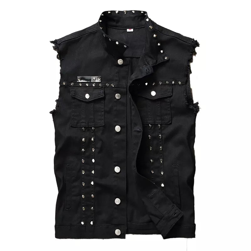 Fashion Mens Rivet Denim Vest Punk Party Studded Slim Fit Jean Jacket Male Sleeveless Waistcoat For Men Plus Size