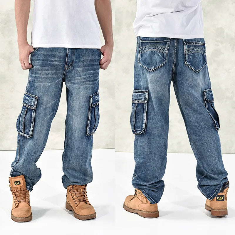 HOT New Large Size 30-44 46 Jeans Fashion Loose Big Pockets Hip-Hop Skateboard Casual Men Denim Blue & Black Design Brand