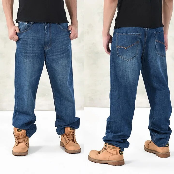 HOT New Large Size 30-44 46 Jeans Fashion Loose Big Pockets Hip-Hop Skateboard Casual Men Denim Blue & Black Design Brand
