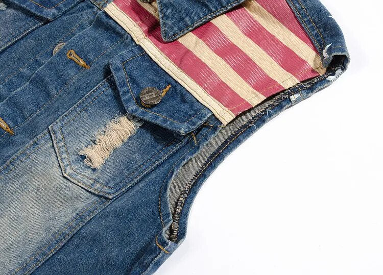 Brand Mens Denim Vest Men Cowboy Ripped Sleeveless Vintage Jacket Tank Spring USA Flag washed Jeans Vest Plus Size 5XL