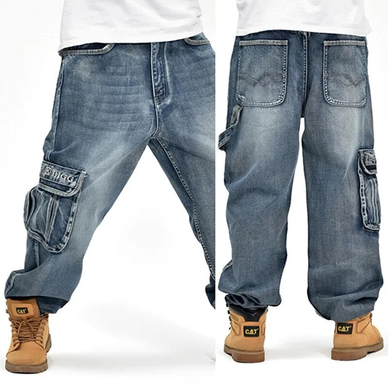 HOT New Large Size 30-44 46 Jeans Fashion Loose Big Pockets Hip-Hop Skateboard Casual Men Denim Blue & Black Design Brand