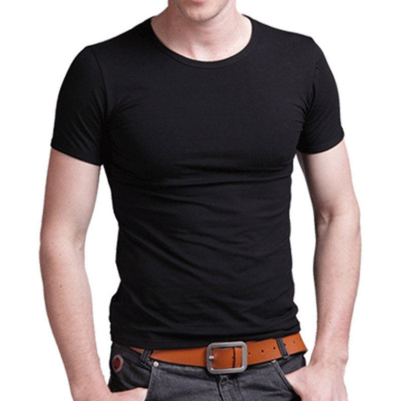 Brand New Men's T Shirt Pure Color Lycra Cotton Short Sleeved T-Shirt Male Round Neck Tops Cotton Bottoming Shirt
