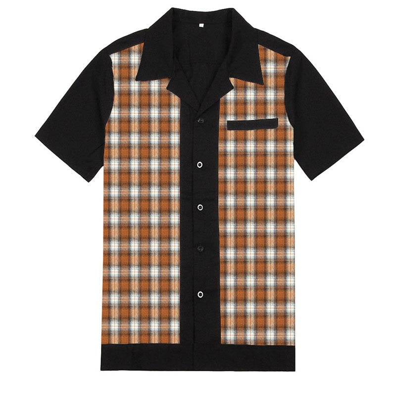 Brand Plaid Shirts Men's Blouse Patchwork Short Sleeve Casual Button Down Shirts Camiseta Retro Hombre Bowling Dress Male Shirts