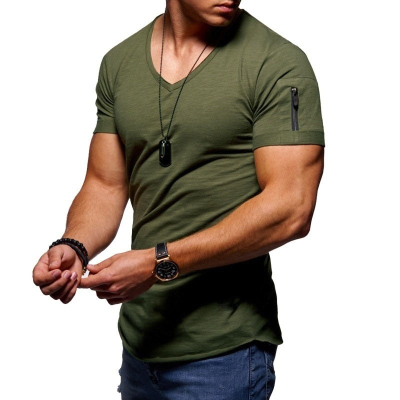 Men's V-neck T-shirt Fitness Bodybuilding T-shirt High Street Summer Short-Sleeved Zipper Casual Cotton Top