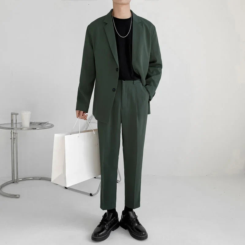 Men's Suit Two Pieces Set Simple Light Mature Loose Long Sleeve Suit Coat + Suit Pants Green High Quality New