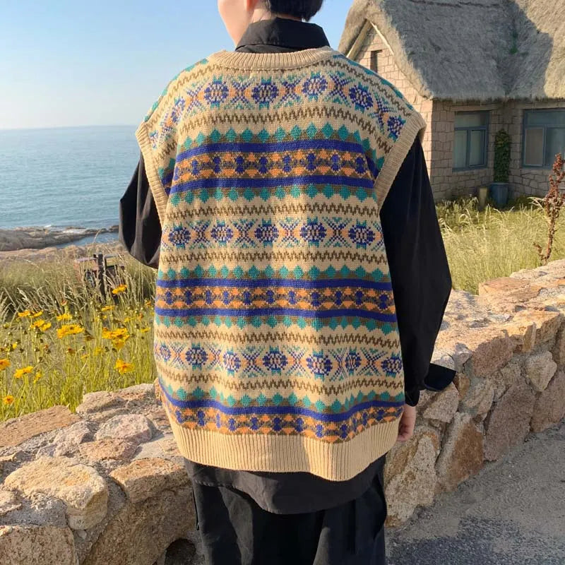 saferido New Arrivals Japanese Retro Knitted Sweater Vest Men Ethnic Style Patchwork Loose Handsome Waistcoat V-neck Sweater Oversize