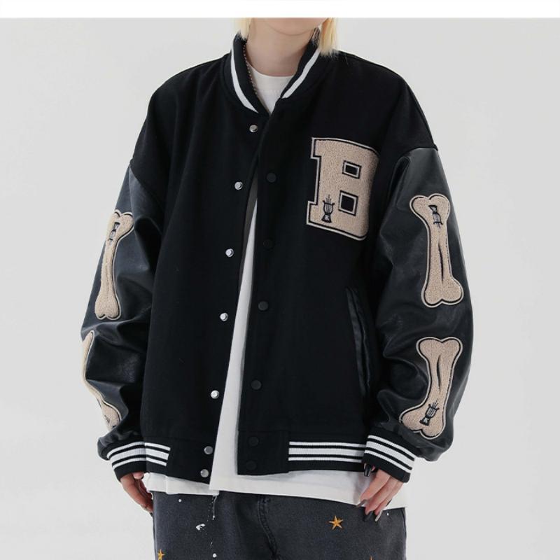 saferido Men Baseball Jacket Hip Hop Harajuku Embroidery Bone Letter Patchwork Bomber Coat Fashion High Street Casual Loose Jacket Unisex
