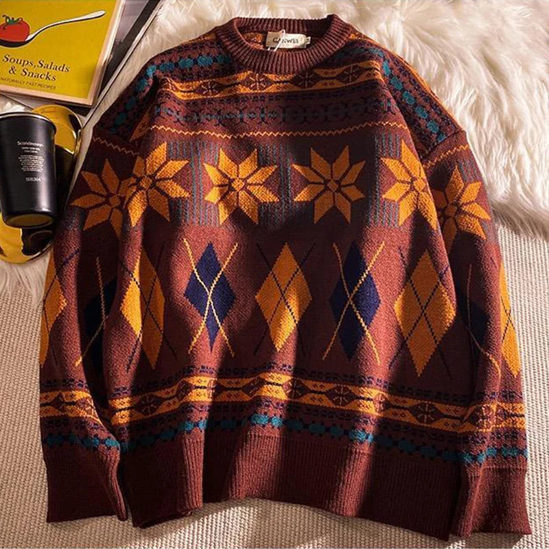 saferido Pullovers Vintage Retro Christmas Sweater Couple Men's Knitted Sweater Winter Warm Casual Korean Streetwear Harajuku