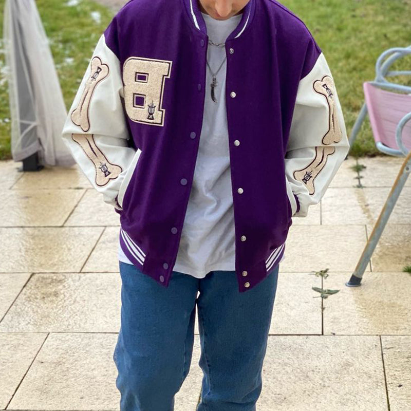 saferido Men Baseball Jacket Hip Hop Harajuku Embroidery Bone Letter Patchwork Bomber Coat Fashion High Street Casual Loose Jacket Unisex