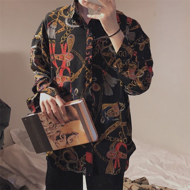 Vintage Fashion Beach Hawaii Shirts for Men Harajuku Floral Print Long Sleeve Casual Loose Blouse Button Up Shirt