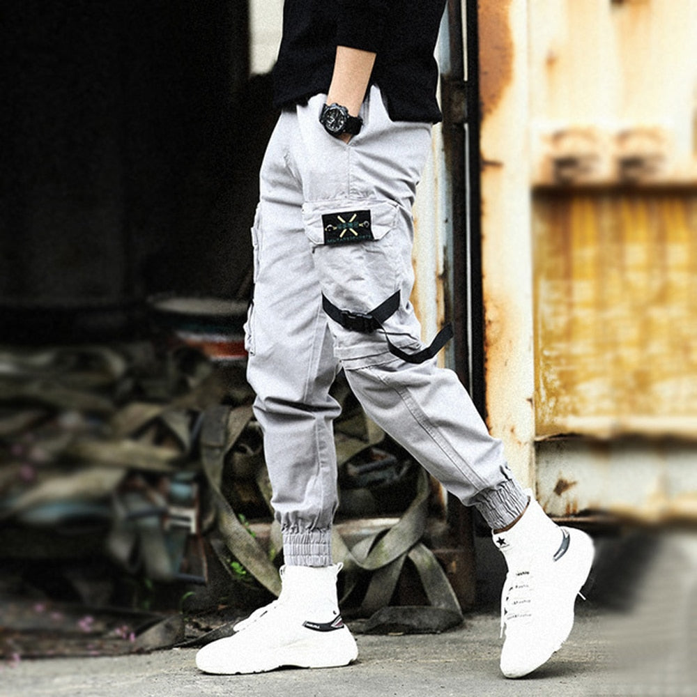 Men's Side Pockets Cargo Harem Pants Ribbons Black Hip Hop Casual Male Joggers Trousers Fashion Casual Streetwear Pants 5XL