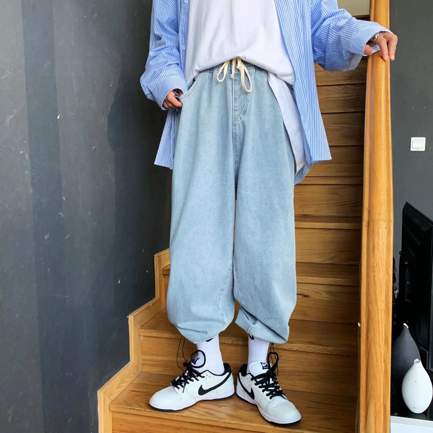 saferido Mens Streetwear Baggy Jeans Men Y2K Oversized Wide Leg Punk Denim Pants Korean Fashion Trousers Blue Jeans For Men Cargo Pants