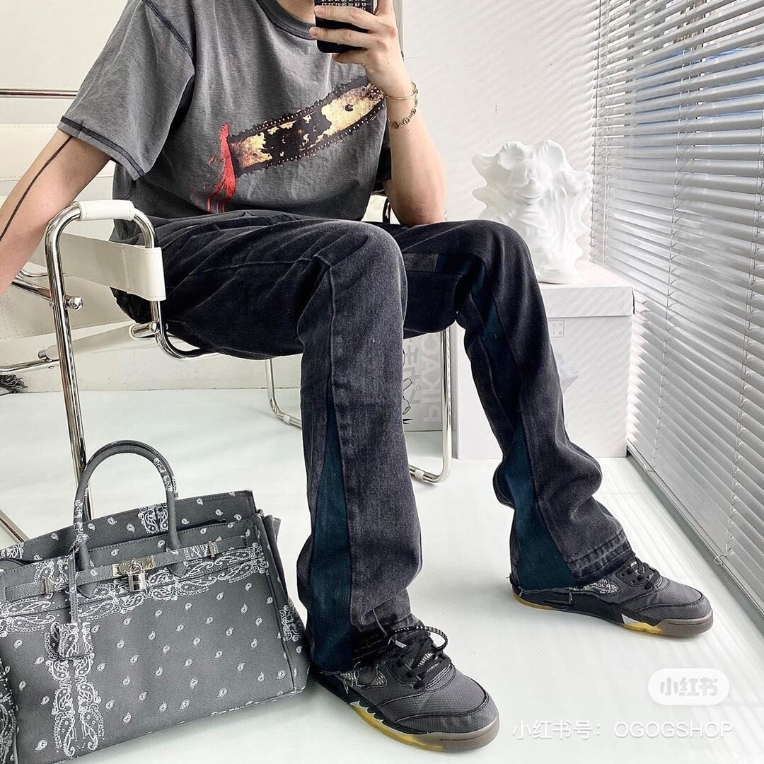 Vintage Patchwork Flare Jeans Urban Men Streetwear Wide Leg Denim Pant Hip Hop Black Colorblock Slim Fit Denim Jeans for Men