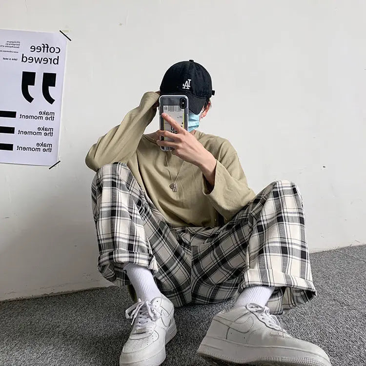 Men Pants Plaid Loose Comfortable Retro Casual All-match Elastic Waist Chic Wide Leg Trousers Fashion Streetwear Korean Style