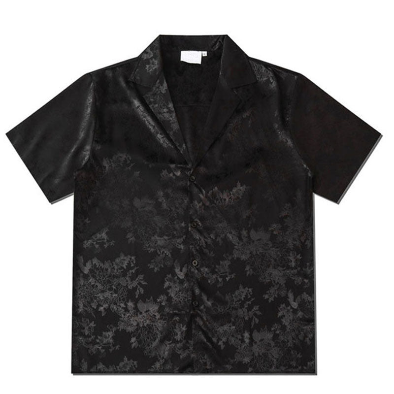 Harajuku Men Shirts Black Flower Print Short Sleeve Single Breasted Loose Shirt Hip Hop Beach Casual Streetwear Unisex