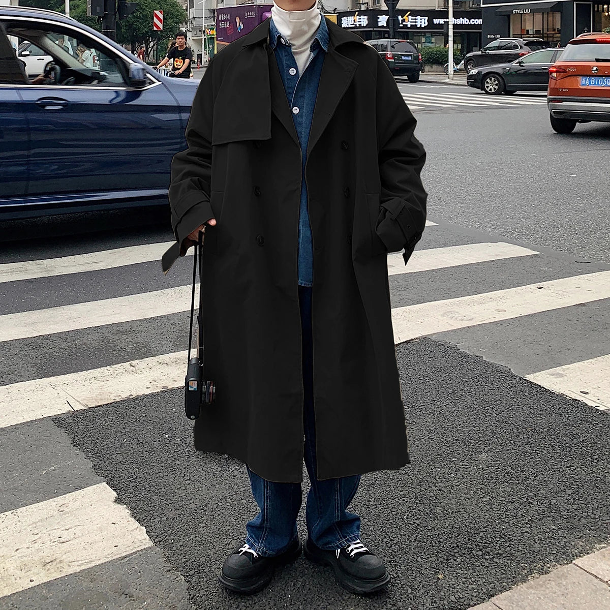 Mens Fashion Trench Coats Autumn Men Long Jacket Coats Streetwear Casual Solid Loose Trench Windbreaker Plus Size 5XL-M