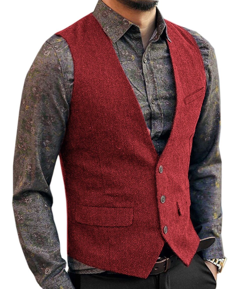 saferido Men's Vest Suit Boutique Wool Tweed Slim Fit Leisure Cotton Male Gentleman Beckham Business Waistcoat For Wedding Groomsmen