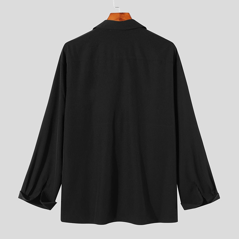 Men Casual Shirt Solid Color Lapel Button Long Sleeve Fashion Tops Streetwear Loose Leisure Camisa Masculina S-5XL
