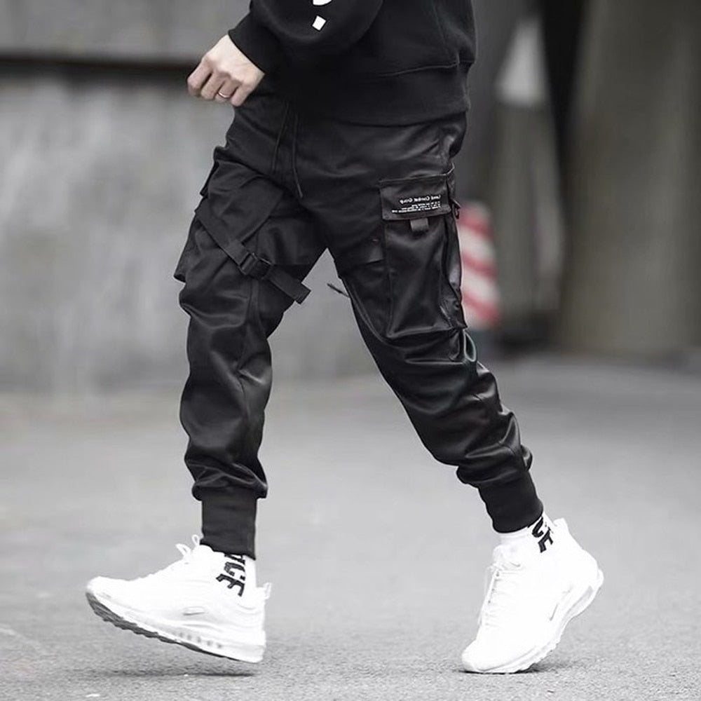 Men's Side Pockets Cargo Harem Pants Ribbons Black Hip Hop Casual Male Joggers Trousers Fashion Casual Streetwear Pants 5XL