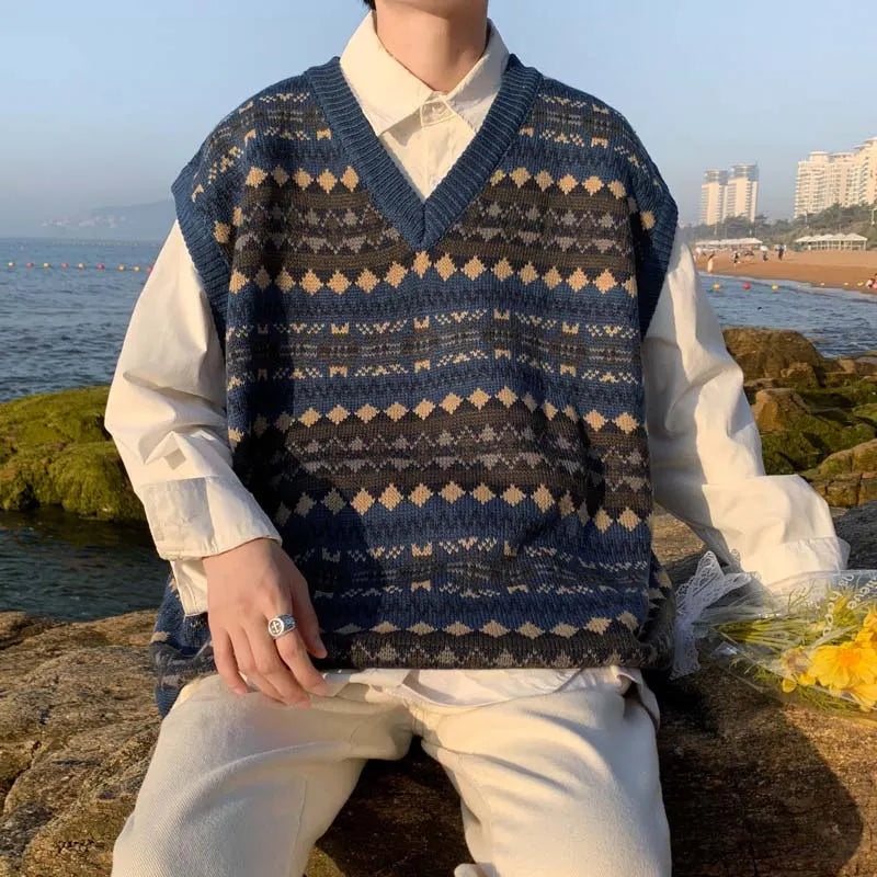 saferido New Arrivals Japanese Retro Knitted Sweater Vest Men Ethnic Style Patchwork Loose Handsome Waistcoat V-neck Sweater Oversize
