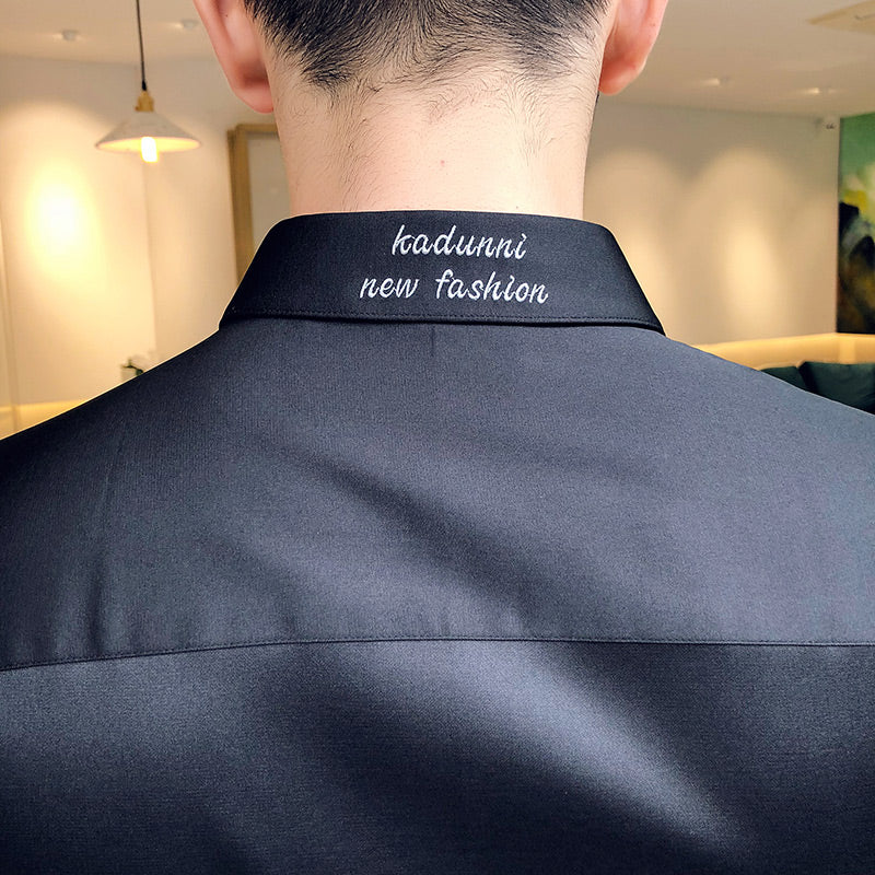Neckline Embroidery Mens Shirts Long Sleeve Casual Slim Fit Men Dress Shirts Solid Color Formal Business Social Clothing Blouse