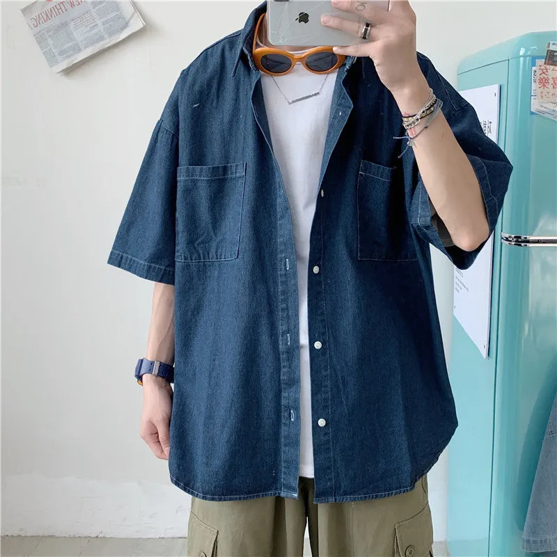 saferido Denim Shirts Male Harajuku Denim Shirt For Men Korean Oversized Casual Streetwear Short Half Sleeve Vintage Fashion
