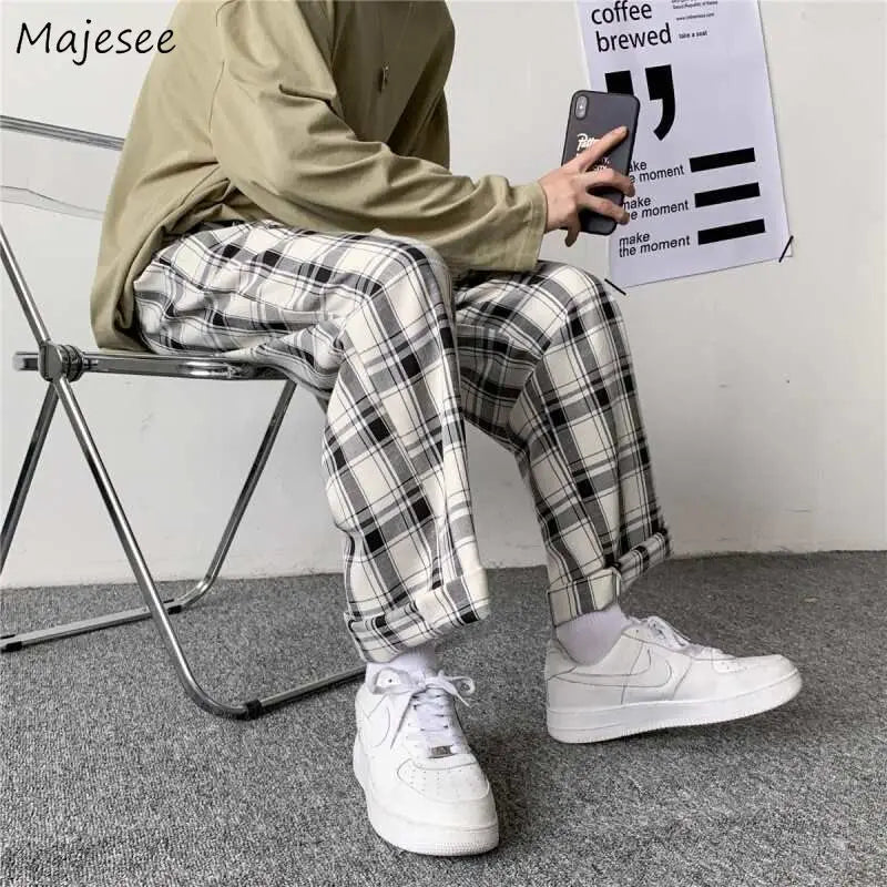 Men Pants Plaid Loose Comfortable Retro Casual All-match Elastic Waist Chic Wide Leg Trousers Fashion Streetwear Korean Style
