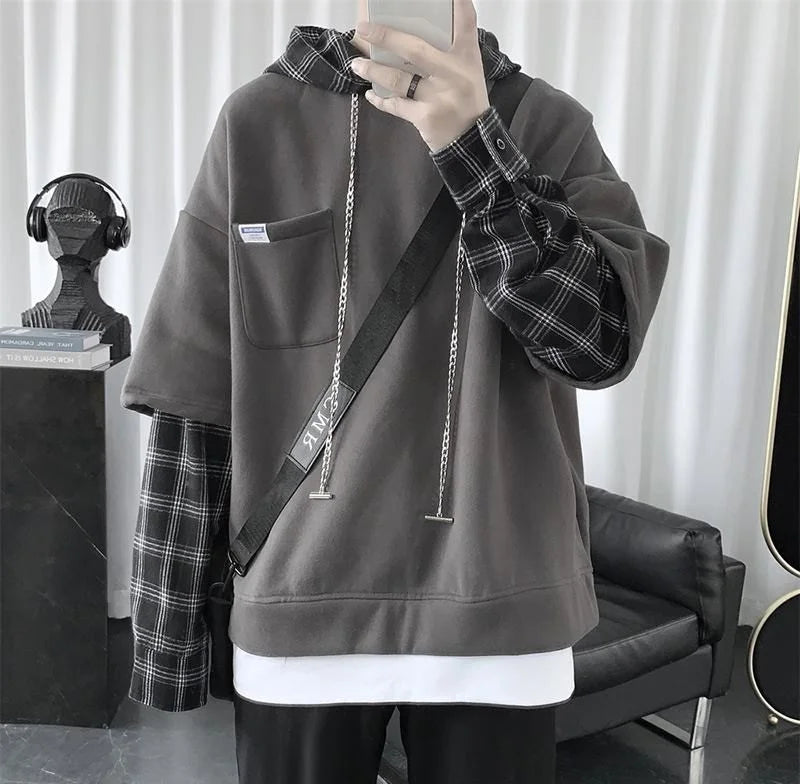 saferido Hooded sweater men's autumn Korean fashion versatile top loose fake two striped hip hop handsome coat