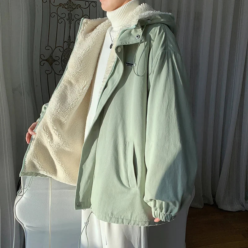 saferido Winter Thick Lamb Fur Jacket Men Warm Fashion Hooded Coat Men Korean Loose Oversized Short Coat Mens Cotton Outwear Jackets