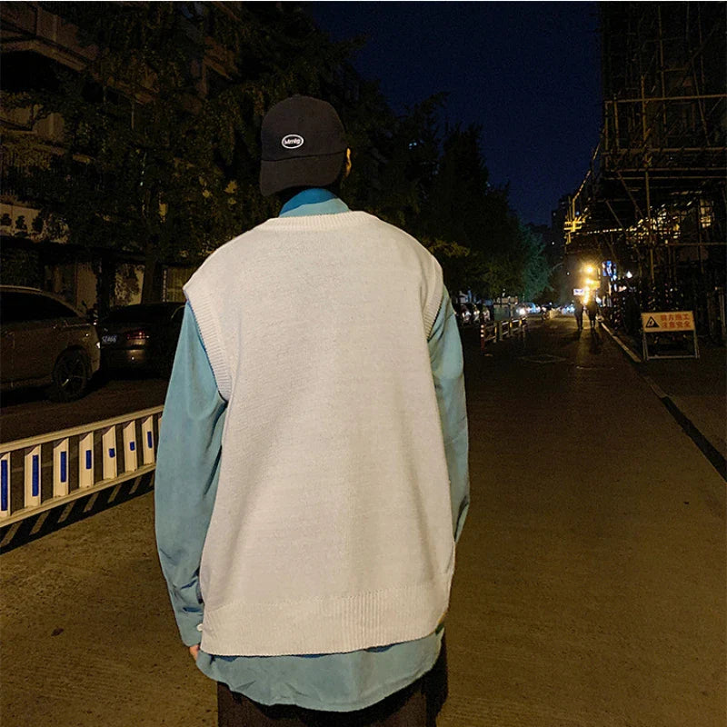 saferido Sweater Vest Men Loose Simple Solid Color Knitted V-neck Students All-match Basic Tops Harajuku Sleeveless Jumpers Korean Trendy