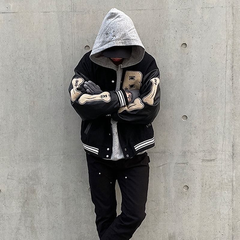 saferido Men Baseball Jacket Hip Hop Harajuku Embroidery Bone Letter Patchwork Bomber Coat Fashion High Street Casual Loose Jacket Unisex