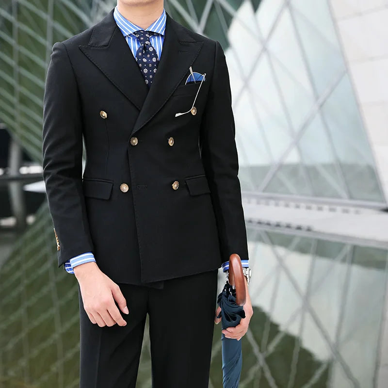 saferido British Double Breasted Formal Dress Suit Men Black Smoking Homme Mariage Suit Fashion Groom Men Suit Slim Fit Business Tuxedos