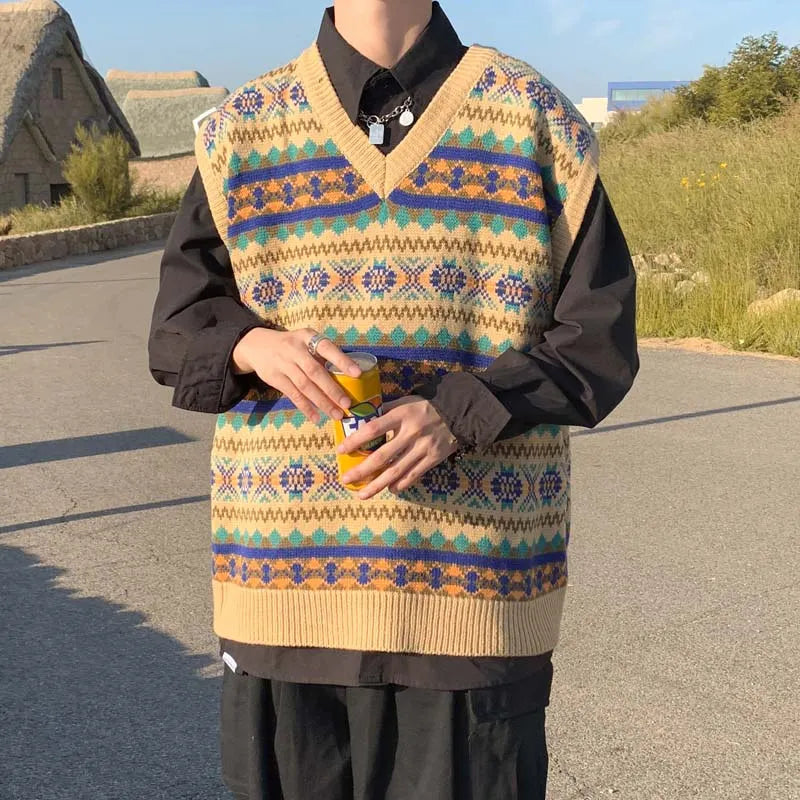 saferido New Arrivals Japanese Retro Knitted Sweater Vest Men Ethnic Style Patchwork Loose Handsome Waistcoat V-neck Sweater Oversize
