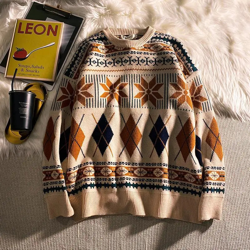 saferido Pullovers Vintage Retro Christmas Sweater Couple Men's Knitted Sweater Winter Warm Casual Korean Streetwear Harajuku