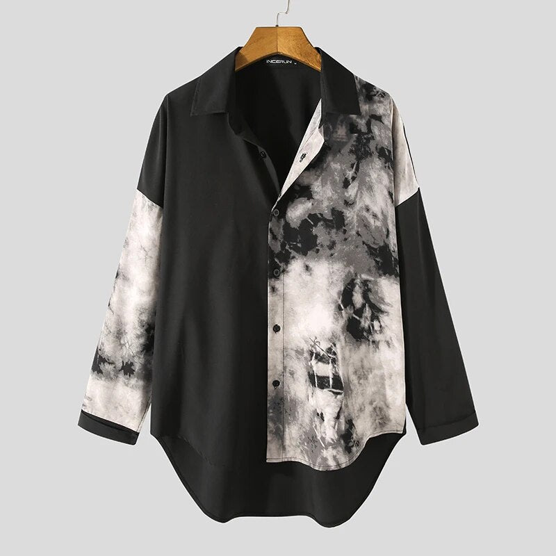 Men Casual Shirt Spring Print Patchwork Lapel Long Sleeve Streetwear Tops Korean Loose Fashion Shirts Camisas 5XL INCERUN